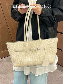 Woven Texture With Metal Hardware Decor, Large Capacity Space For Commuting Laptop, Textbooks And Daily Essentials, Dual Long Handles For Hand-Carry Or Shoulder Use, Magnetic Closure, Simple And Practical For Daily Work, School, Supermarket Shopping, Short Trips, Versatile Casual Shoulder Tote Bag - White - View 5