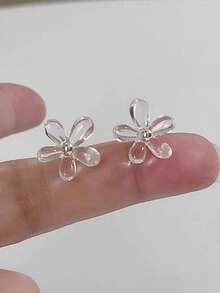 1 par de pendientes de flor de acrílico transparente minimalistas y exquisitos, adecuados para reuniones casuales de mujeres - Plateado + transparente - Ver 5