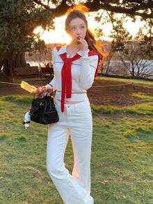 Y6Y Autumn/Winter British Style Beige Women's Sweater Red Shawl Polo Collar Slim Fit Long Sleeve Knit Top - Off White - View 6