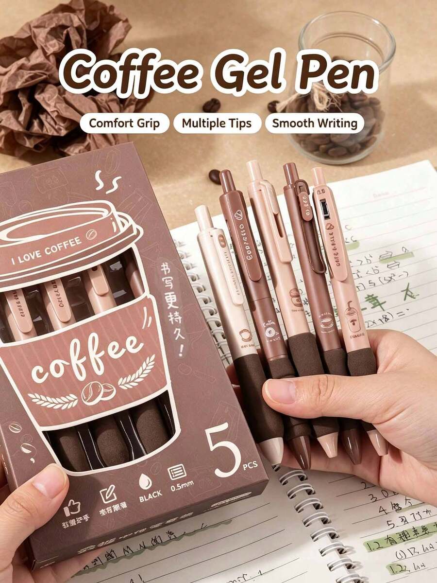 1/5pcs Coffee Style Soft Grip Retractable Neutral Pens, 5 Styles Ballpoint Pens, Highly Attractive Quick-Dry Smooth Writing Pens For Students, Office And School Supplies, Back To School Gift For Friends - Coffee 5 Styles - View 1