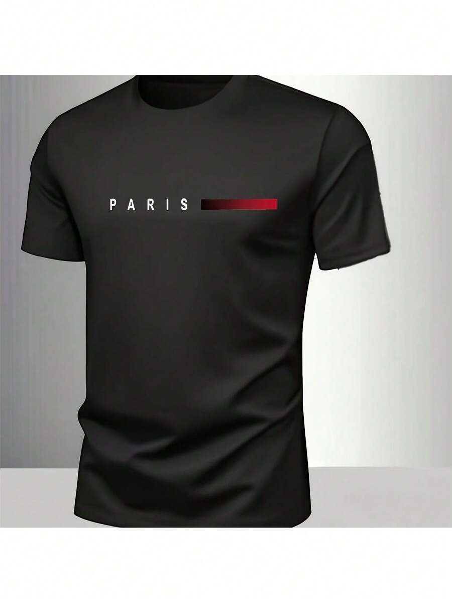 Men's Black Print Tshirt, Suitable For Summer/Autumn, Comfort Tee For Men - 黑色 - 查看 1