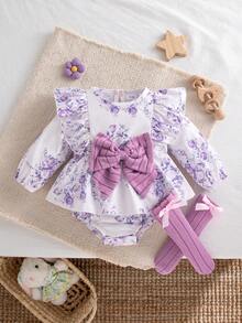 Autumn/Winter Baby Girl Purple Rose Floral Long Sleeve Bodysuit & Ruffle Flutter Sleeve Big Bow Baby Girl 100 Days Celebration Romper With Bow Long Leg Warmers Set - Mauve Purple - View 2