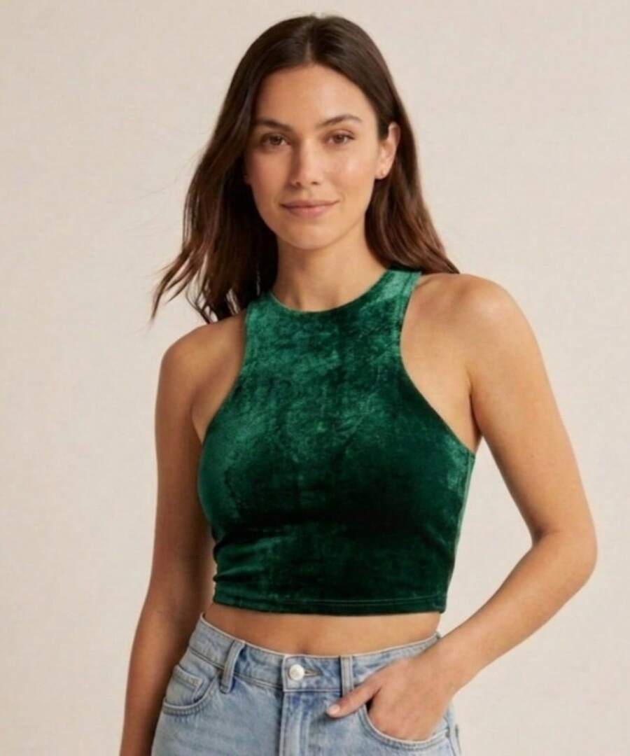 Top Cropped Feminino Veludo Gola Alta Sem Manga Regata Elegante Casual Festa Academia - Verde - Visão 1