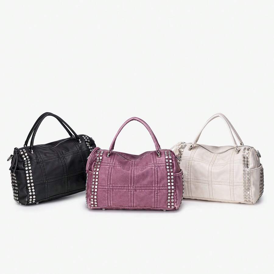 Bolsa de Almofada Lavada com Rebites Vintage Estilo Hot Girl Y2K Grande Capacidade Bolsa Transversal de Mão Bolsa Versátil para Motocicleta e Transporte