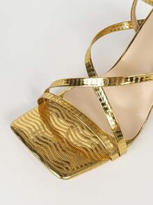 Women's Gold Square Toe Open Toe Chunky Heel High Heels, Versatile Comfortable Elegant Minimalist Daily Commute Shoes, Height-Enhancing Leg-Lengthening - Gold - View 3