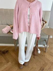 Women's Pink Knit Button Cardigan, Long Sleeve Round Neck Regular Fit, Suitable For Spring, Autumn, Winter Wear, Medium Stretch. - Baby Pink - View 3