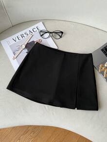 Rok Mini Wanita Warna Hitam Polos Pinggang Tinggi, Belahan Samping di Bagian Bawah, Potongan Ramping, Lapisan Dalam Pengaman, Gaya Pesta dan Perjalanan yang Elegan - Hitam - View 8