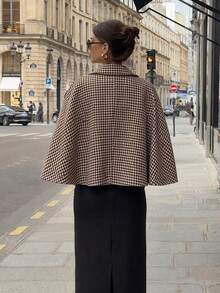 Women's Houndstooth Print Lapel Batwing Sleeve Cape Coat, Elegant Asymmetrical Hem Loose Silhouette Short Jacket, Casual Daily Outerwear Fall - Brown - View 6
