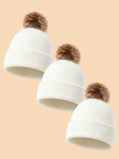 3PCS Children's Solid Color Pom Pom Cute Minimalist Knitted Hat, Skin-Friendly Warm Folded Cuff Beanie, Suitable For Kids Autumn/Winter Outdoor Daily Wear, Can Be Used As Autumn/Winter Gift For Children