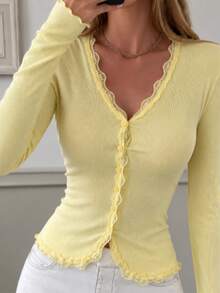 Sweet & Spicy Style 2-Piece Set Lace Trim V-Neck Knit Cardigan Solid Color Ribbed Waist Cropped Slim Fit Long Sleeve Base Layer - Yellow and Pink - View 2