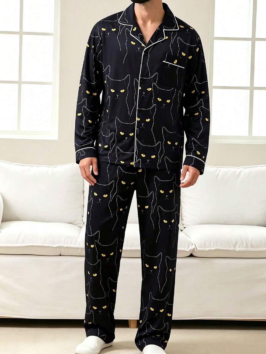 Men's Pajama Set, Autumn/Winter, Lapel Collar, Line Cat Print, Long Sleeve, Long Pants, 2 Pieces Set, Casual Comfortable Loungewear - Multicolor - View 1