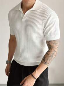 Super Hot New Men's Casual Short Sleeve Polo Shirt, Turn-Down Collar, Small Ribbed Knit Pullover Sweater Top - White - View 3