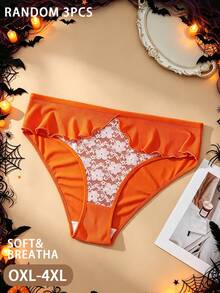 3 piezas aleatorias de bragas tipo bikini de encaje floral con volantes, talla grande, tema de Halloween, multicolor, transpirables, cintura media, 0XL-4XL - Multicolor - Ver 4
