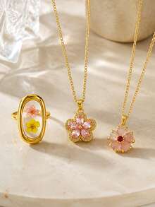 VceTd 2/3PCS Romantic Elegant Floral Pendant Decorated Stainless Steel Women's Jewelry Set Suitable For Daily Wear Or Vacation Or Holiday Gift - Yellow Gold - View 3