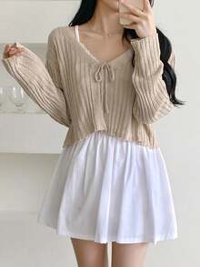 YCYC Spring New Lazy Sweet Loose Long Sleeve Apricot V-Neck Knit Cardigan - Coffee Brown - View 2