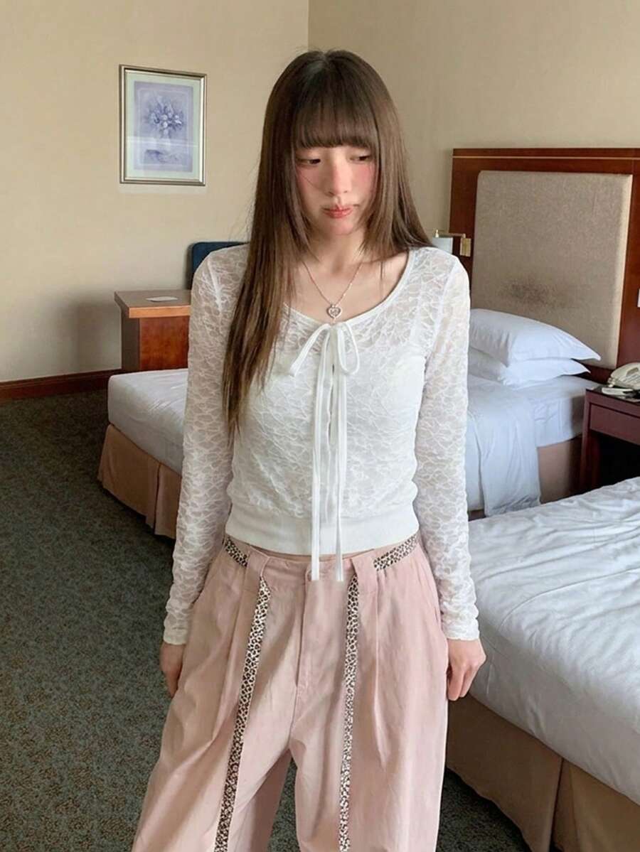 女款素色綁帶紋理長袖鈕扣開襟針織外套 - 白色 - 查看 1