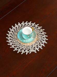 HXARTMIS 1PC Vintage Floral Lace Round Placemat, Embroidered Hollow Lace Trim Decorative Table Mat, Home Tabletop Decor - Light Coffee - View 3