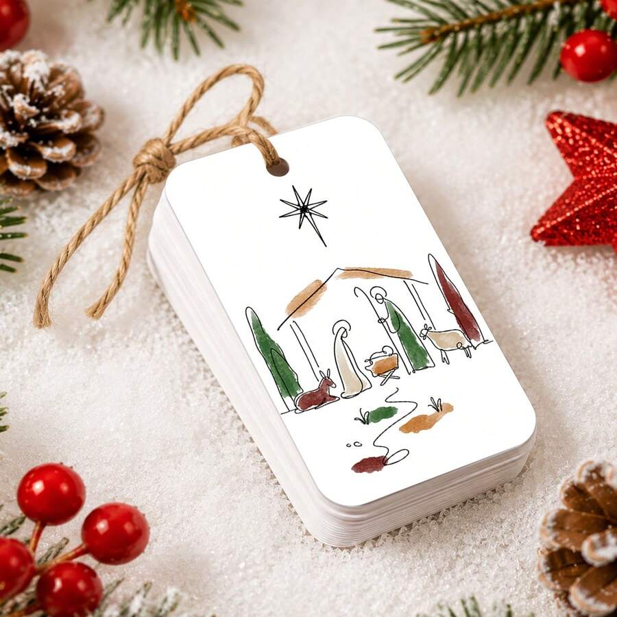 50pcs Religious Nativity Scene Christmas Gift Tags With Jute Rope - Christian Holiday Paper Party Gift Tags, Holiday Hanging Tags, Suitable For Gifts, Gift Bags And Christmas Decorations