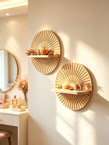 OBOVAY 2pcs Wooden Wall Mounted Bookshelf Set, Sunburst Pattern Wall Shelf, Bohemian Style DIY Handmade Wall Shelf, Wall Storage Rack, Room Decor, Bedroom Decor, Wall Decor, Home Decor, Office Decor, Kitchen Decor, Bathroom Decor, Wedding Decor, Suitable For Bedroom, Kitchen, Living Room, Bathroom, Office, Coffee Corner, Wedding, 1pc - Random Color/style - View 8