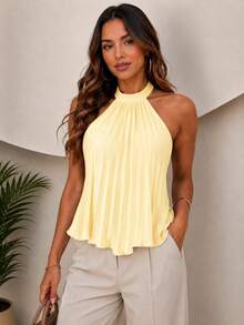 Blusa Feminina Frente Única Plissada Gola Alta Costas Abertas Elegante Casual Moda Verão Especial de Moda 2026 - Amarelo - Visão 3