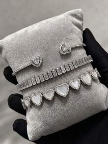 1/3pcs Women's Elegant Luxury Heart-Shaped Trapezoid Zirconia Layered Bracelet Set, Adjustable Heart Open Bangle, Full Row Trapezoid Diamond Tennis Bracelet, Halo Heart Diamond Chain, Jewelry For Women's Evening Party, Date, Birthday, Holiday - Bracelet Set C - View 3
