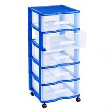 5-Tier Blue Plastic Storage Drawer Unit With Wheels Multipurpose Organizer With Transparent Drawers 83x37x39.5 Cm - 藍色 - 查看 8