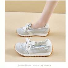 1 Pair Women's Colorful Patchwork Multi-Functional Sports Casual White Sneakers, Round Toe Outdoor Lace-Up Spring Autumn Canvas Panel Shoes - Beige - View 5