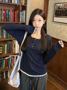 Y2K Autumn Korean Style Elegant Round Neck Button Contrast Color Versatile Soft Long Sleeve T-Shirt Top For Women - Navy Blue - View 5