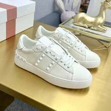 VL Rivet White Leather Sneakers, Plus Size Pair-Skateshoes In Stock, Platform High-Top Shoes, Lightweight Contrast-Color Sports Shoes - 鉚釘白 - 查看 2