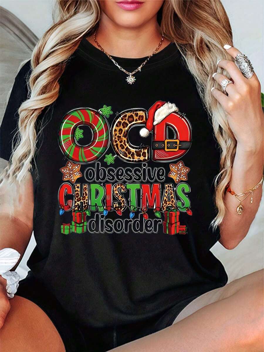 Short-Sleeved T-Shirt For Plus-Size Women, Adorned With A Fun Design Featuring A Christmas Hat, A Christmas Cane, And Leopard Patterns, Is P - 黑色 - 查看 1