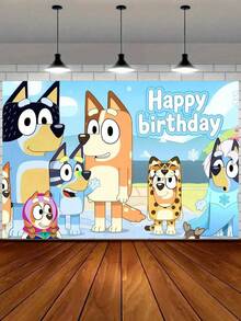 MASSDI Cartoon Blue Dog Party Background Banner, Multiple Classic Animation Scene Photo Backdrop, Lightweight Washable Fabric Material, Bright Colorfast Pattern, Convenient Hanging Setup, Reusable Scene Ornament For Birthday Celebrations - Multicolor - View 5