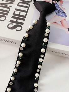 1pc Women's Luxury Evening Style Black Long Tie With Rhinestone Eyelet Design, Pre-Tied Necktie, Exquisite Commute Party Shirt Accessory - Green Rhinestone Studs - View 8
