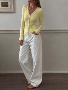 Sweet & Spicy Style 2-Piece Set Lace Trim V-Neck Knit Cardigan Solid Color Ribbed Waist Cropped Slim Fit Long Sleeve Base Layer - Yellow and Pink - View 4