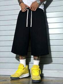 Men's New Summer Loose Fit Casual Sports Shorts, Casual 3/4 Pants, Elastic Waistband - With Drawstring For Adjustable Fit, Side Pockets - Convenient For Carrying And Storage, Suitable For Home And Street Wear - Black - View 3