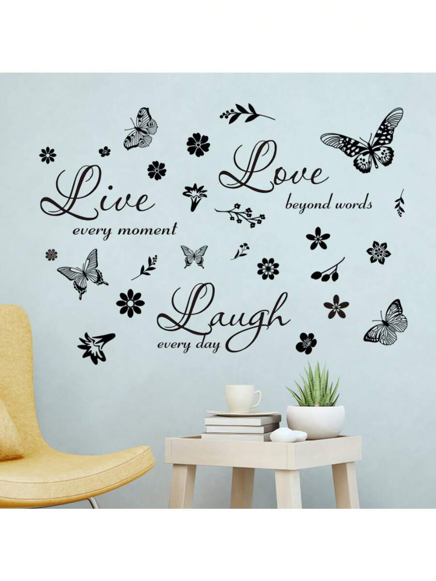 1pc Home Wall Decor Sticker, English Inspirational Quote Butterfly Floral PVC Self-Adhesive Wall Decal, Removable & No Damage, Warm Positive Energy For Living Room, Bedroom, Study, Entryway Background Wall - 11.81*23.62 Inches - View 1