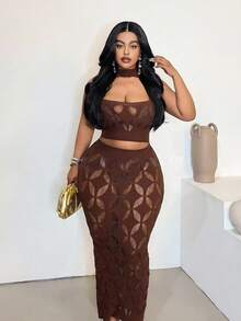 Women's Sexy Black Hollow-Out Fitted Two Pieces Set, Round Neck High Elasticity Fabric, Suitable For New Year's Eve - Mocha Brown - View 2