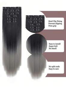 6pcs/Set - 16 Hairline Extension Clips. Black Long Straight Hair. Natural Gradient Wigs. Heat-Resistant Fiber. Women's Hairstyle., Halloween - Grey - View 4