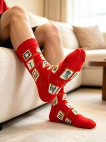 1 Pasang Kaos Kaki Setengah Betis Motif Mahjong, Gaya Kreatif, Kain Bernapas, Cocok Untuk Pemakaian Sehari-hari Kasual Dan Hiburan Permainan Papan, Kaos Kaki Unik, Menyenangkan Dan Istimewa, Unisex, Hadiah Natal yang Penting - Merah - View 4
