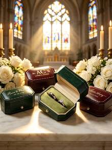 Personalized PU Leather Ring Box, Dual Slot Design, This Artificial Leather Engagement Ring Storage Box With Soft Fabric Lining Is A Perfect Keepsake For Wedding Proposal And An Ideal Anniversary Gift For Couples On Valentine's Day - Multicolor - View 8