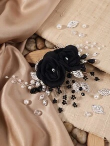 1pc Gothic Style Black Rose Hair Comb, Vintage Rhinestone & Pearl Hair Accessory, Handmade Hair Ornament For Women, Bride, Wedding, Halloween Costume Accessory - Black - View 5