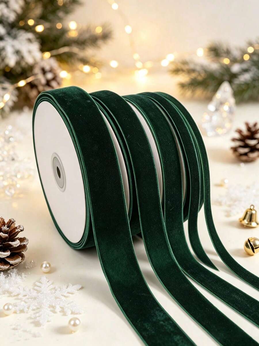 Flocked Ribbon Christmas Ribbon For Gift Box Packaging, Christmas Tree Decoration, Christmas Window Display Decoration, Flocked Satin Ribbon Bow 3/4 Inch X 10 Yards (Multiple Sizes Available) With Paper Spool For Easy Storage - Dark Green Size 10 - View 1
