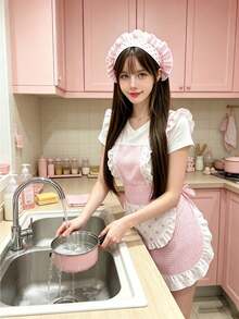 1 Set Pink Plaid Polka Dot Ruffle Cute Princess Apron Set, Includes Matching Hair Cap, Sweet Pleated Kitchen Cooking Apron, Women's Photo Outfit Set - Multicolor - View 6
