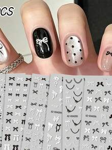 6 Peças Conjunto de Adesivos de Unhas Francesas com Laço de Renda Preta 3D, Fita de Poá, Laço de Renda, Coração, Decalques de Unhas Autoadesivos, Poá Branco, Laço, Decorações de Manicure - Multicolorido - Visão 6
