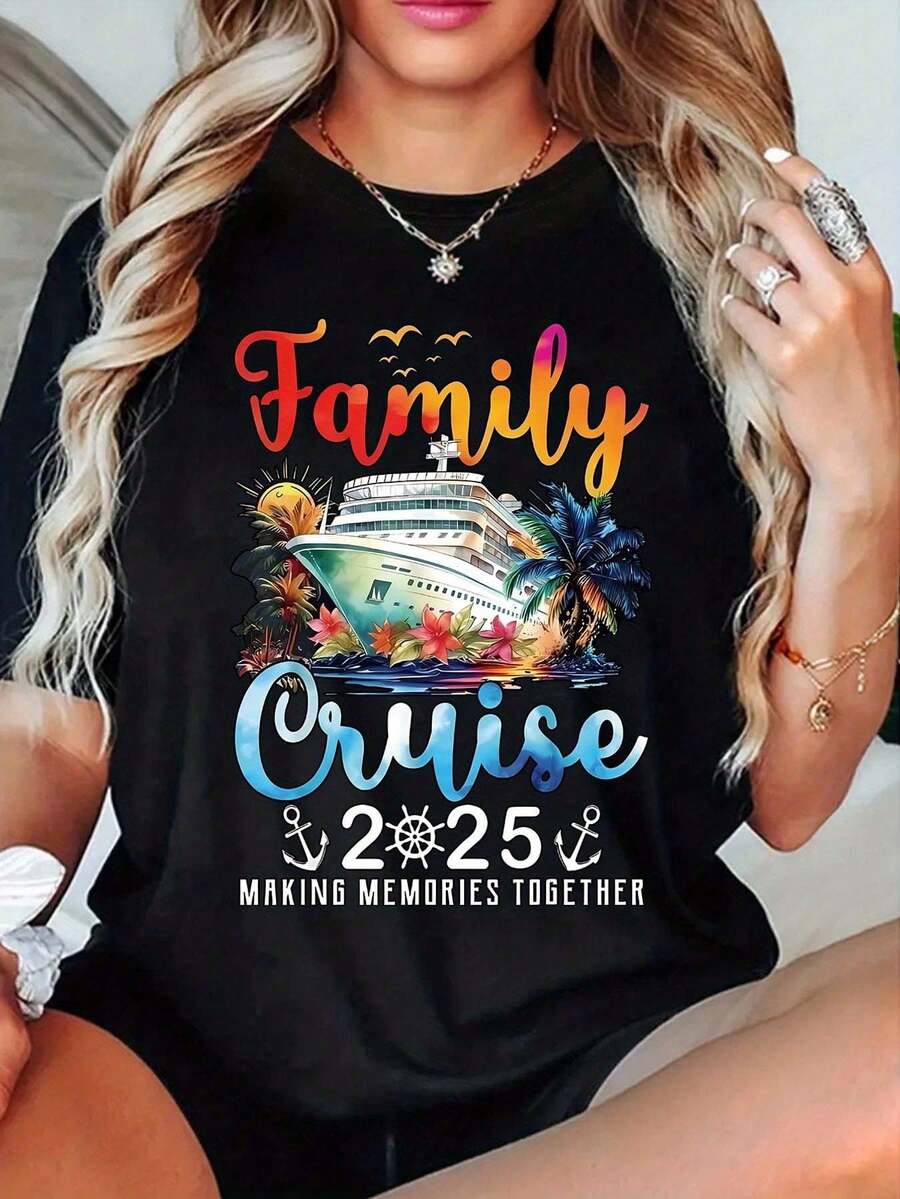 Family Boat Trip In 2025, Let's Create Beautiful Memories Together.Casual Loose-Fit Short-Sleeve T-Shirt With Boat And Palm Tree Print - 黑色 - 查看 1