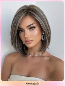 [Velvet Locks] Soft Heat-Resistant Layered Straight Side Part Bob Brown Highlights 12-Inch Synthetic Wig For Women For Elegant Daily Party - 挑染白色 - 查看 11