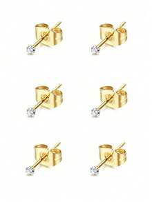 VJS 3 Pairs Stainless Steel Ball Stud Earrings, Suitable For Women, Men And Girls, Fashion Cartilage Lobe Earring Set, Perfect For Multiple Piercings Jewelry - Stone - View 2