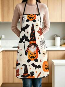 2pcs Halloween Gnome Pumpkin Print Apron, Cute Ghost Bat Spider Web Maple Leaf Pattern Adjustable Cooking Apron, Holiday Kitchen Decor Party Accessory - Multicolor - View 5