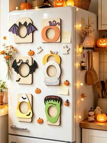Magnetic Wooden Photo Frame, Halloween Photo Wooden Frame Decoration, Durable Wooden Home Party Gift, With Rope Hole For Easy Hanging, Halloween Souvenir, Holiday Fireplace Decoration, Fun Handmade Style - Multicolor - View 2