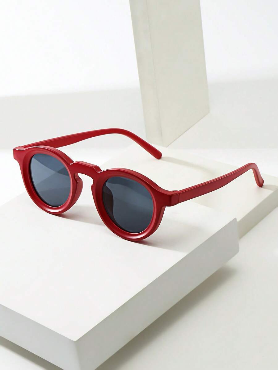 1pc Men's Women's Retro Round Small Frame PC Material Personalized Minimalist Fashion Glasses, Suitable For Parties, Travel, Vacation, Beach, Daily Decorative Eyewear - Sandy Red Frame Gray Sheet - View 1