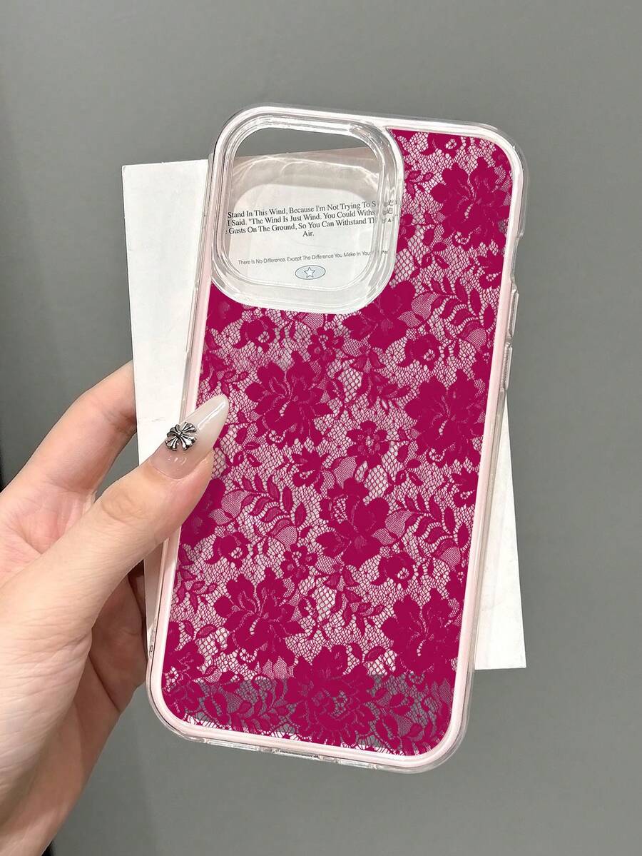 1pc Vintage Spicy Girl Ballet Style Lace Floral Pattern Non-Slip Transparent Contrast Color 3-In-1 Pink Transparent Soft Phone Case Compatible With IPhone 11/12/13/14/15/16/17 Pro Max - Multicolor - View 1